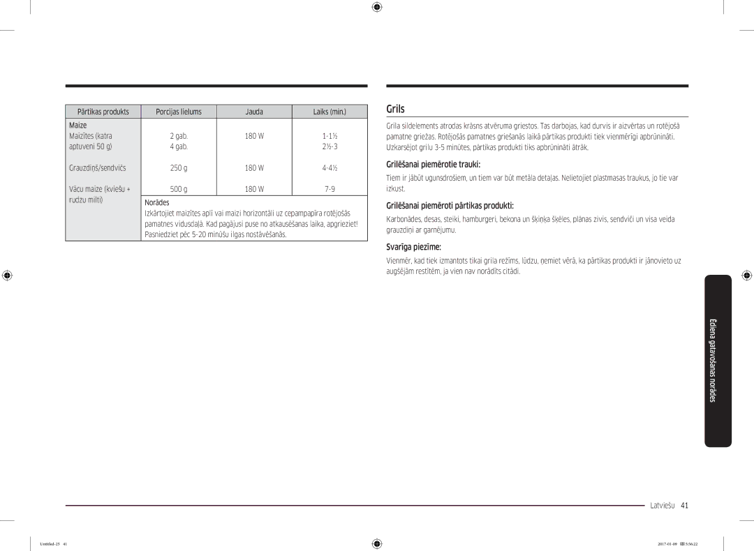 Samsung MC28M6055CK/BA manual Grils, Grilēšanai piemērotie trauki, Grilēšanai piemēroti pārtikas produkti, Svarīga piezīme 