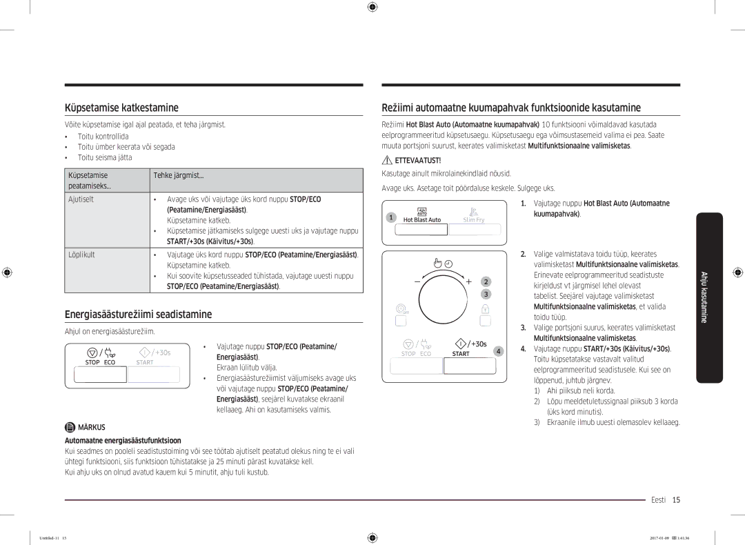 Samsung MC28M6055CK/BA manual Küpsetamise katkestamine, Energiasäästurežiimi seadistamine 