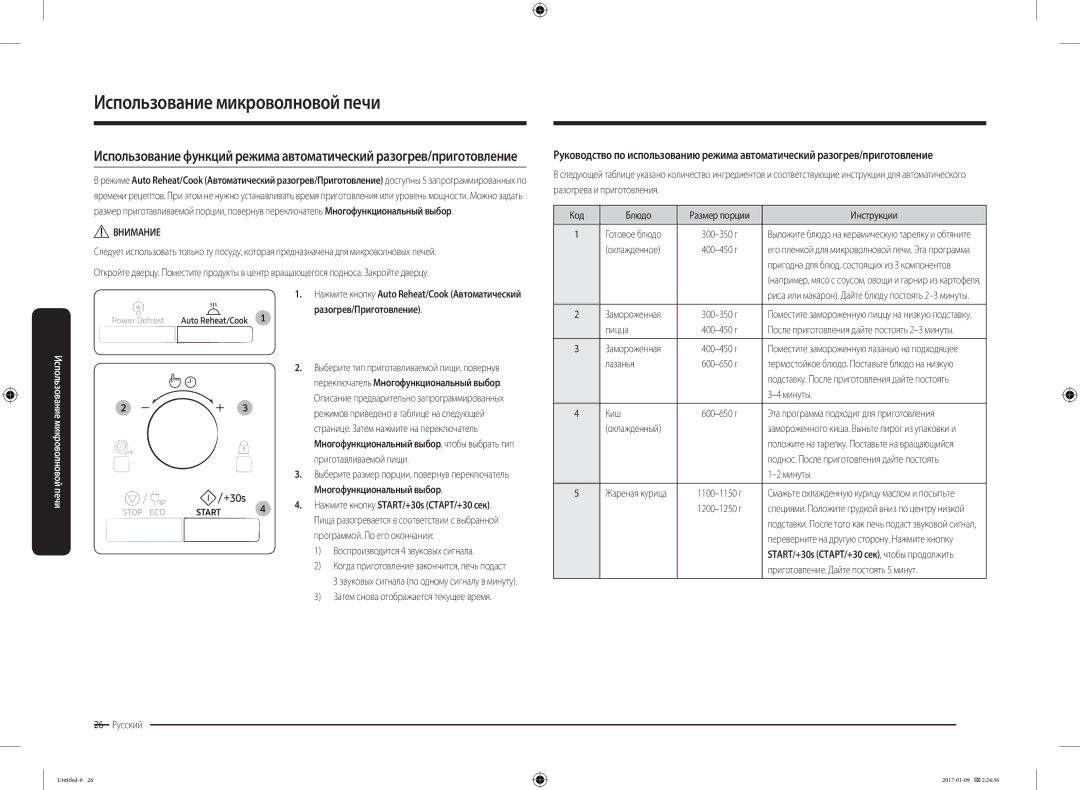 Samsung MC28M6055CK/BA manual Готовое блюдо, Охлажденное, Замороженная 300-350 г, Пицца 400-450 г, Замороженная 400-450 г 