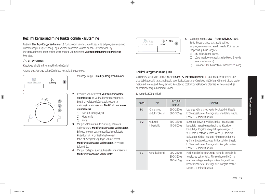 Samsung MC28M6055CK/BA manual Režiimi kergpraadimine funktsioonide kasutamine, Režiimi kergpraadimine juhis 