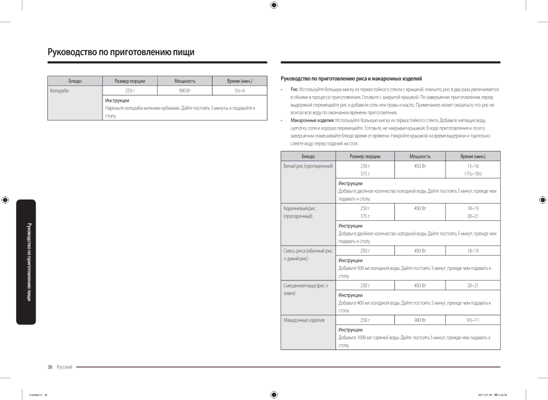 Samsung MC28M6055CK/BA manual Руководство по приготовлению риса и макаронных изделий 