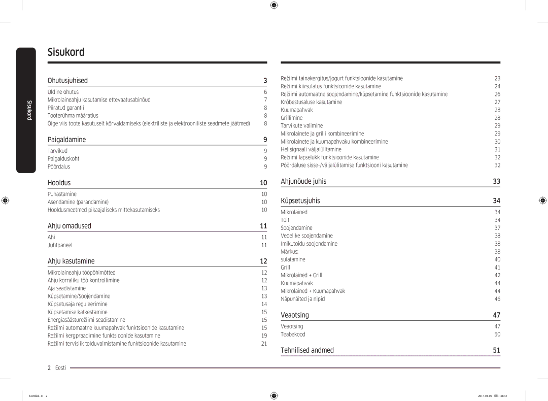 Samsung MC28M6055CK/BA manual Sisukord, Tarvikud Paigalduskoht Pöördalus, Ahi Juhtpaneel, Veaotsing Teabekood 