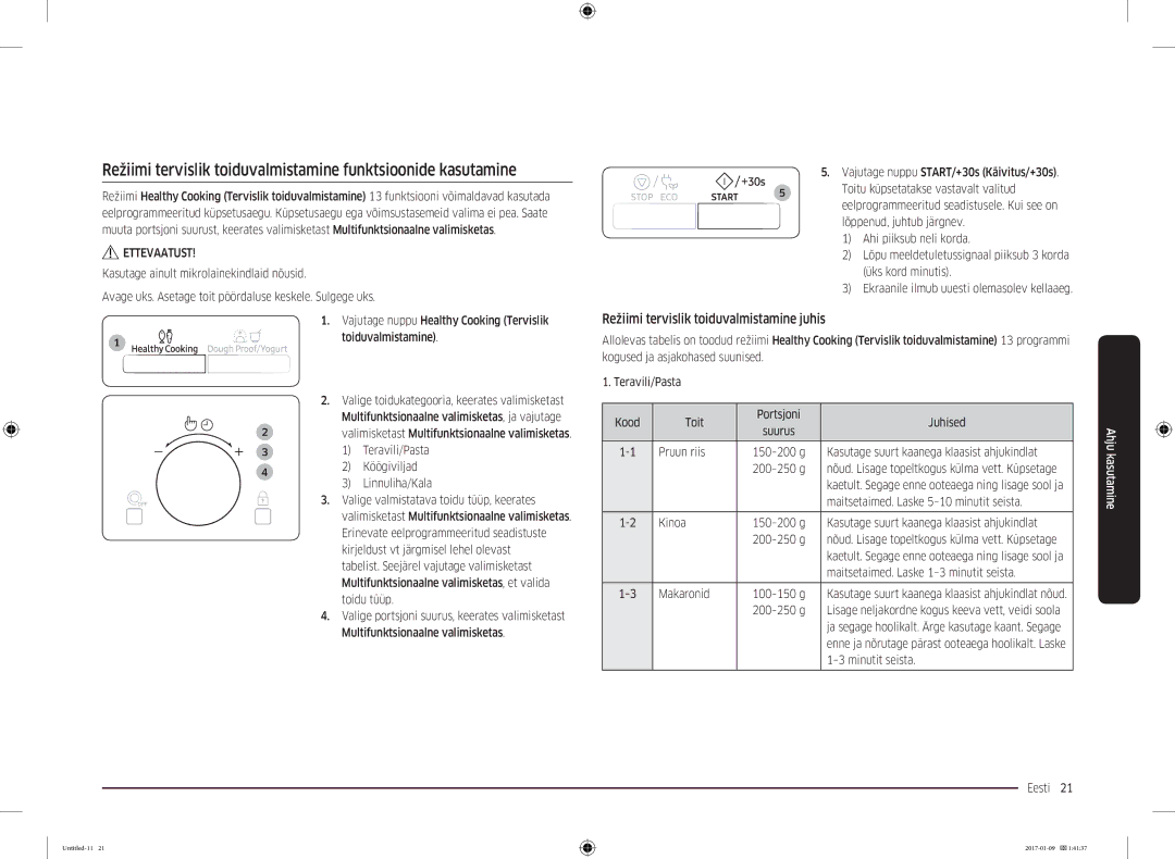 Samsung MC28M6055CK/BA manual Režiimi tervislik toiduvalmistamine juhis 