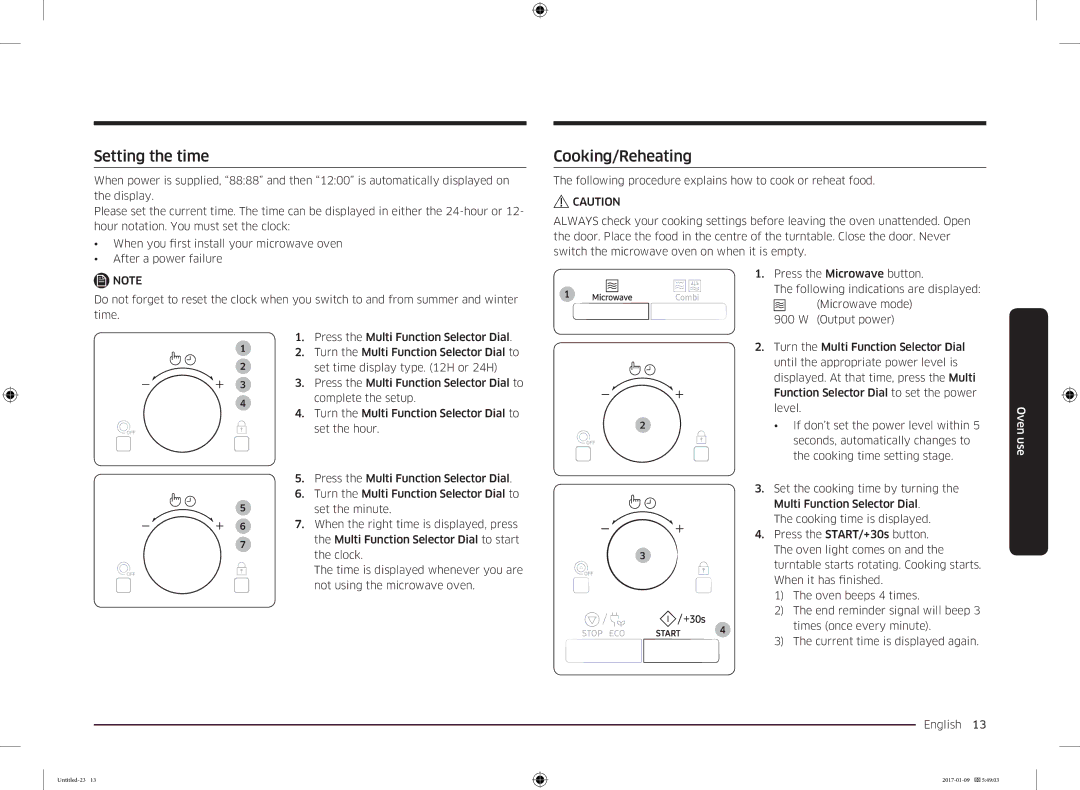 Samsung MC28M6055CK/BA manual Setting the time, Cooking/Reheating 