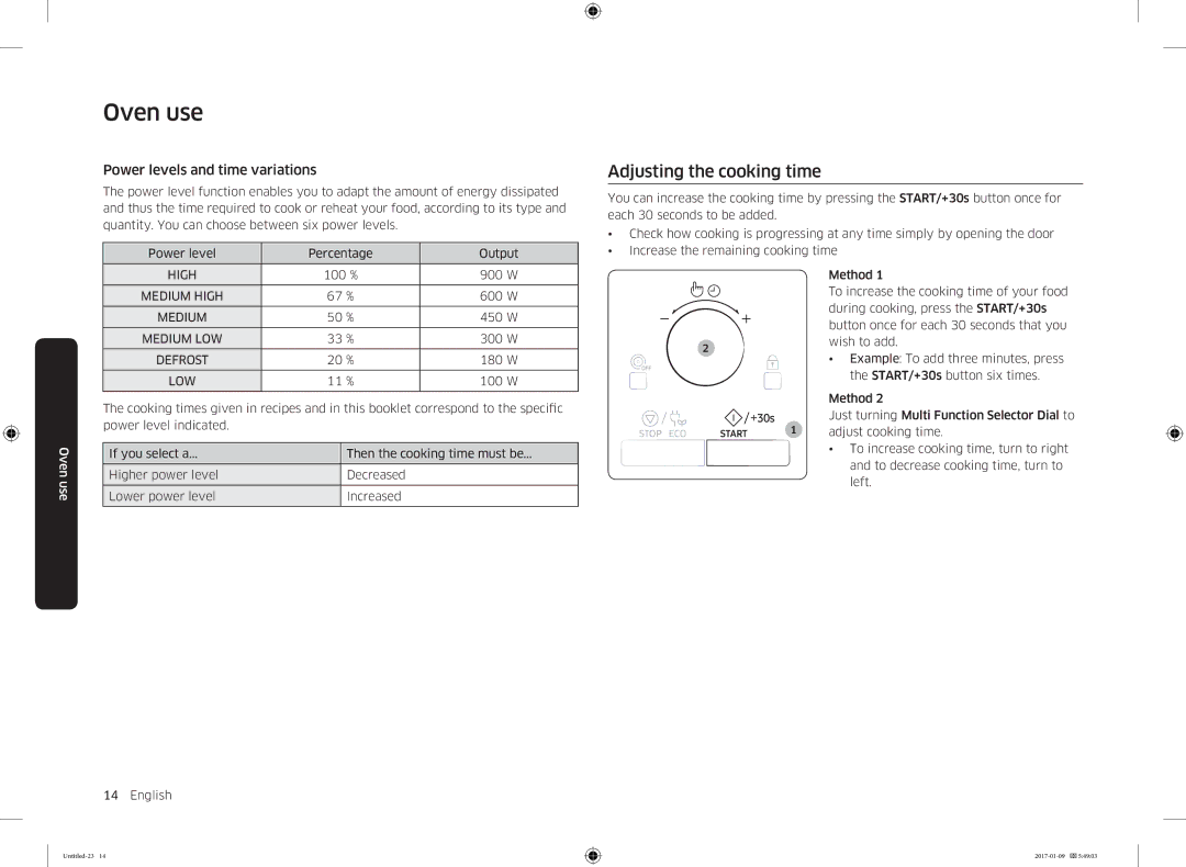 Samsung MC28M6055CK/BA manual Adjusting the cooking time, Power levels and time variations 