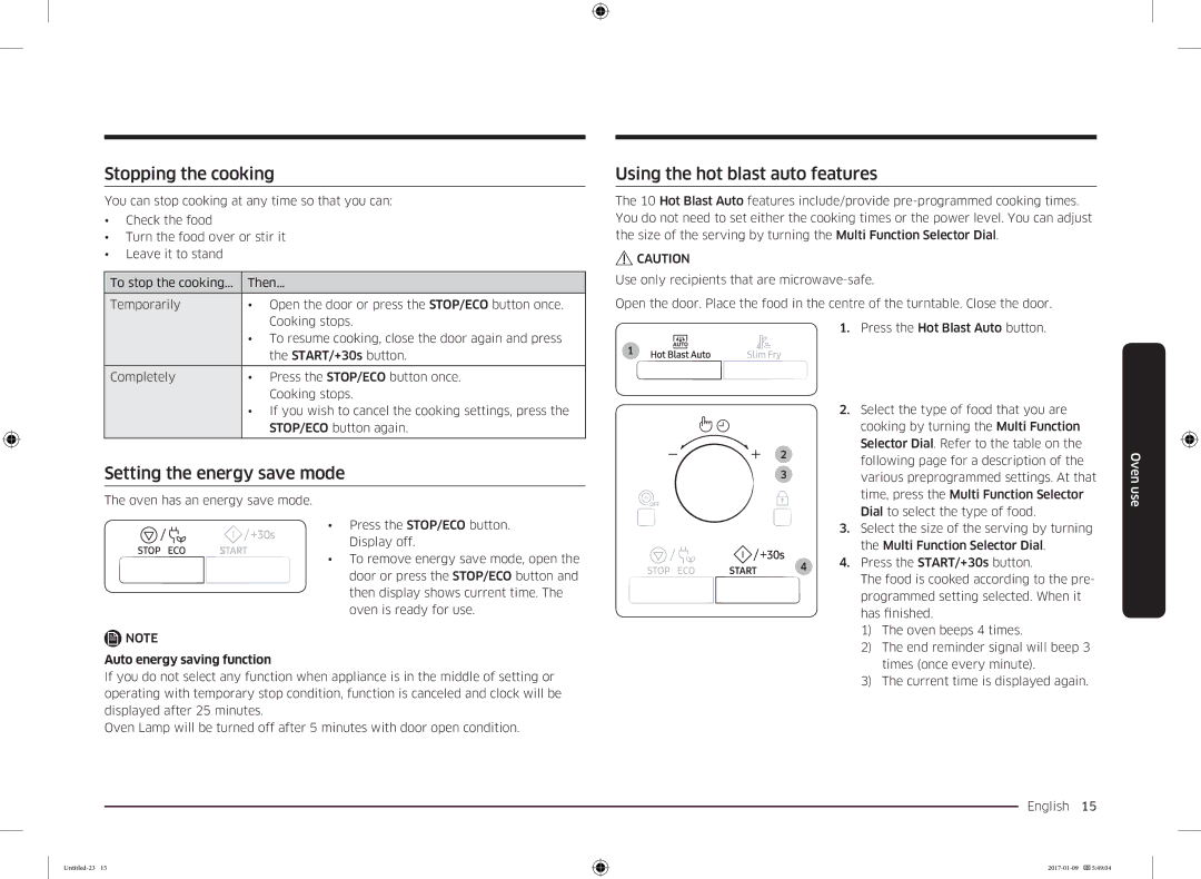 Samsung MC28M6055CK/BA manual Stopping the cooking, Setting the energy save mode, Using the hot blast auto features 