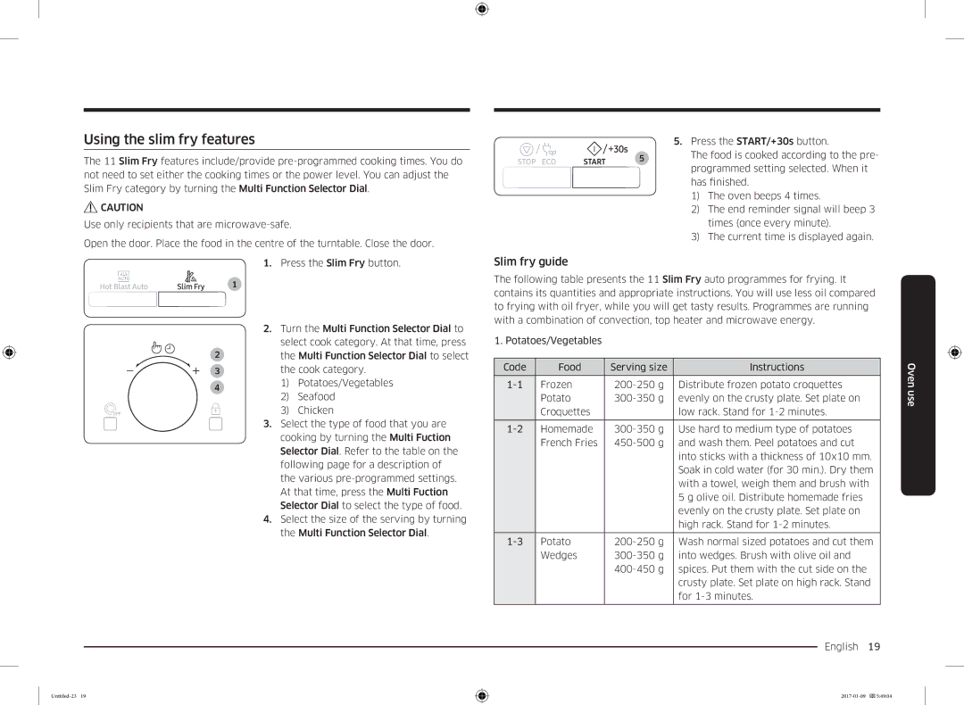 Samsung MC28M6055CK/BA manual Using the slim fry features, Slim fry guide 