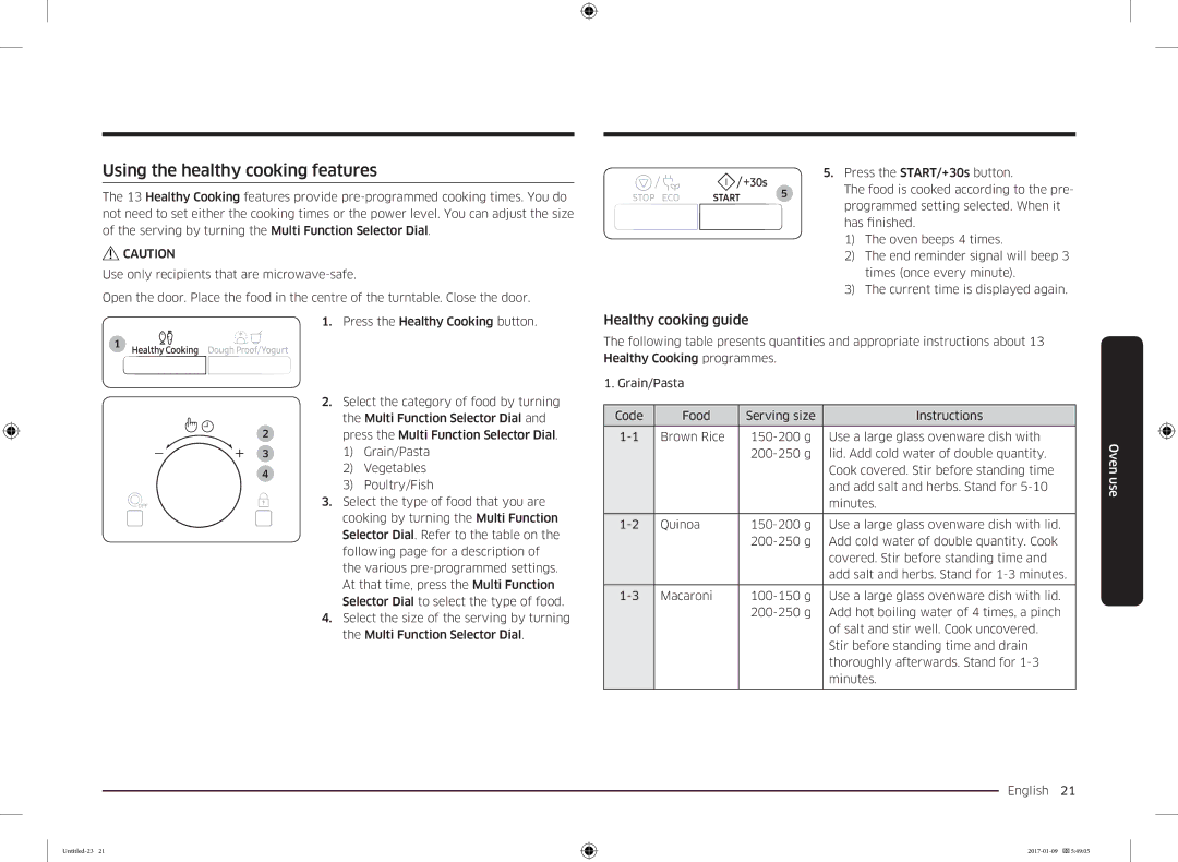 Samsung MC28M6055CK/BA manual Using the healthy cooking features, Healthy cooking guide 