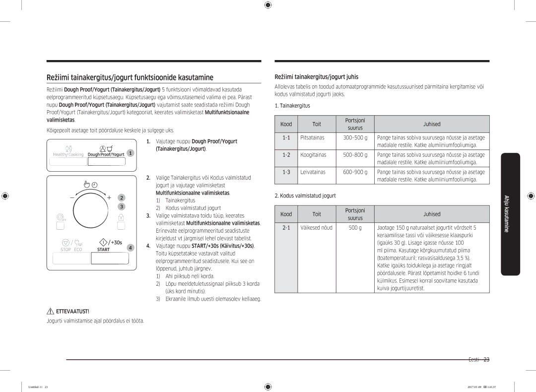 Samsung MC28M6055CK/BA manual Režiimi tainakergitus/jogurt funktsioonide kasutamine, Režiimi tainakergitus/jogurt juhis 