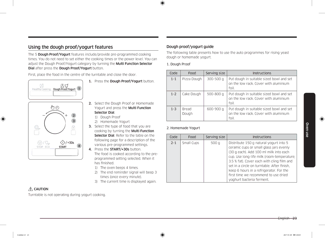 Samsung MC28M6055CK/BA manual Using the dough proof/yogurt features, Dough proof/yogurt guide 