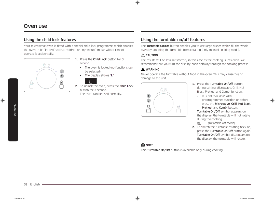 Samsung MC28M6055CK/BA manual Using the child lock features, Using the turntable on/off features 