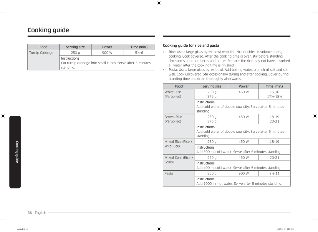 Samsung MC28M6055CK/BA manual Cooking guide for rice and pasta 