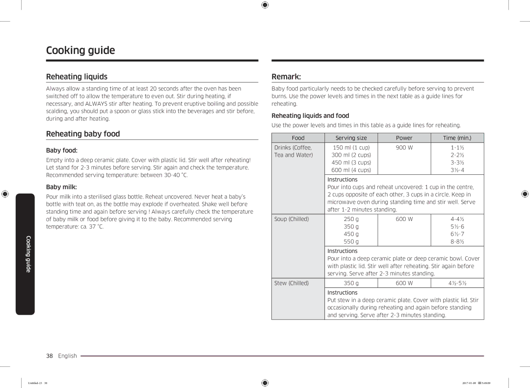 Samsung MC28M6055CK/BA manual Reheating liquids, Reheating baby food, Remark 