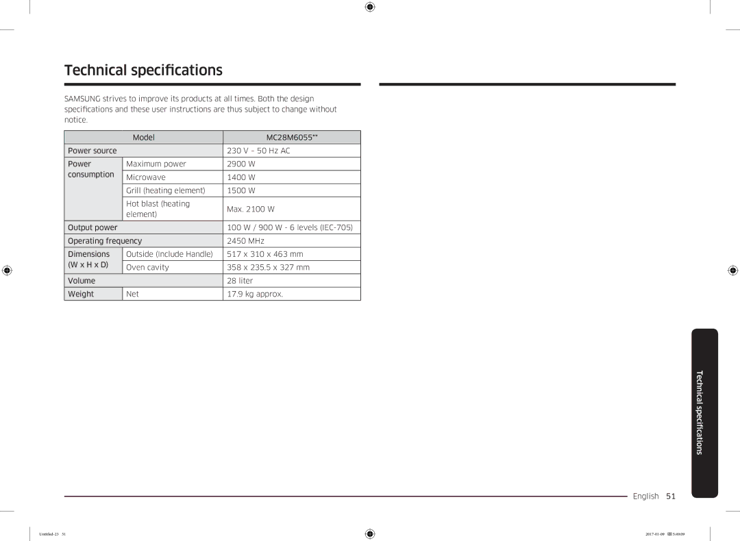 Samsung MC28M6055CK/BA manual Technical specifications, Fications Technical speci 