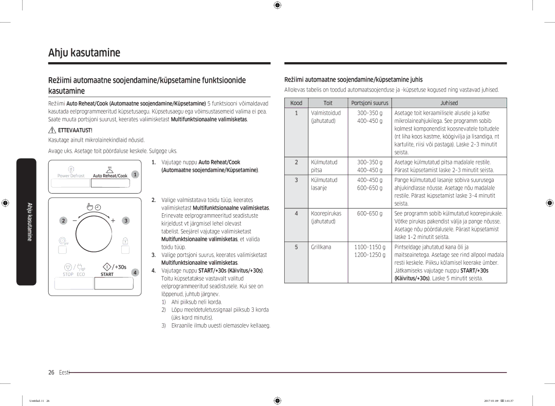 Samsung MC28M6055CK/BA manual Režiimi automaatne soojendamine/küpsetamine juhis 