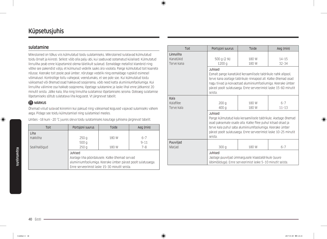 Samsung MC28M6055CK/BA manual Sulatamine, Sealihalõigud, Terve kana 