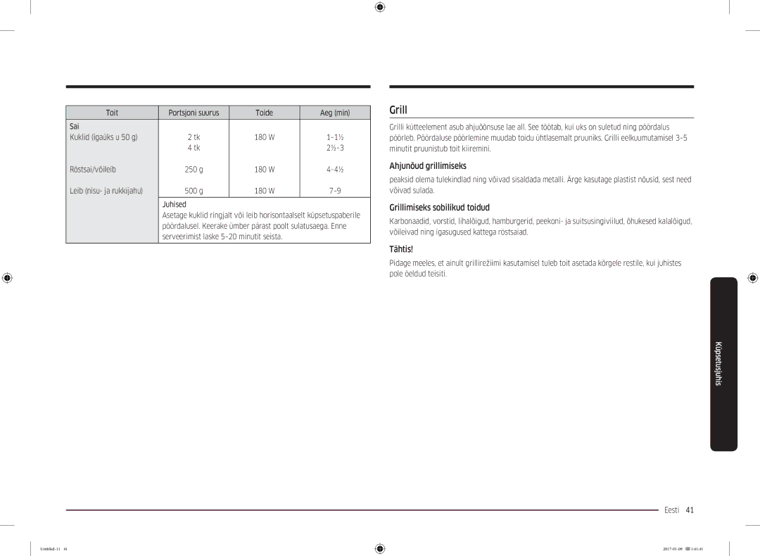 Samsung MC28M6055CK/BA manual Ahjunõud grillimiseks, Grillimiseks sobilikud toidud, Tähtis 