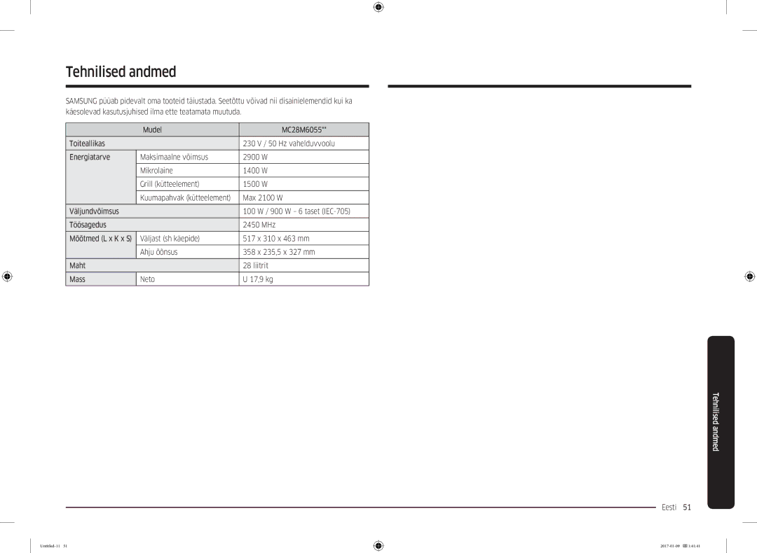 Samsung MC28M6055CK/BA manual Tehnilised andmed, Mõõtmed L x K x S 