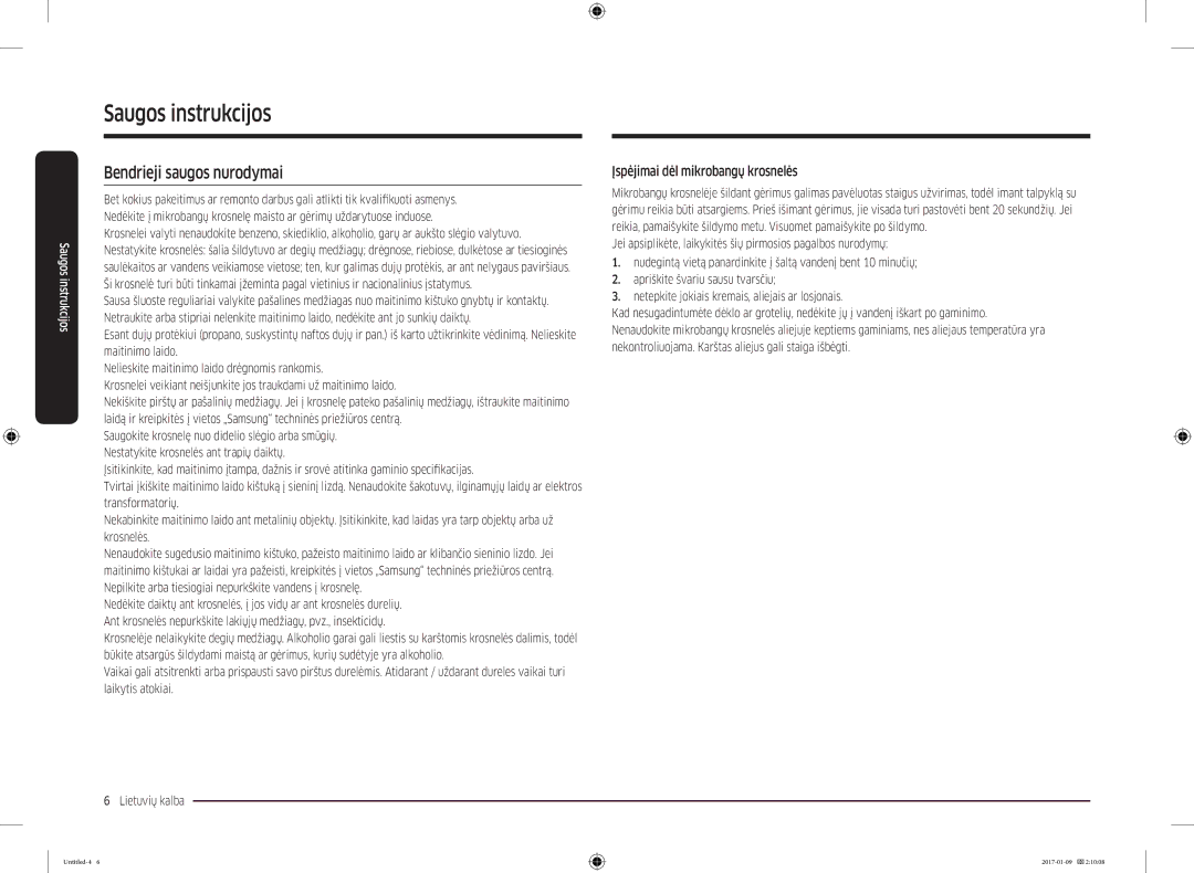 Samsung MC28M6055CK/BA manual Bendrieji saugos nurodymai, Įspėjimai dėl mikrobangų krosnelės 