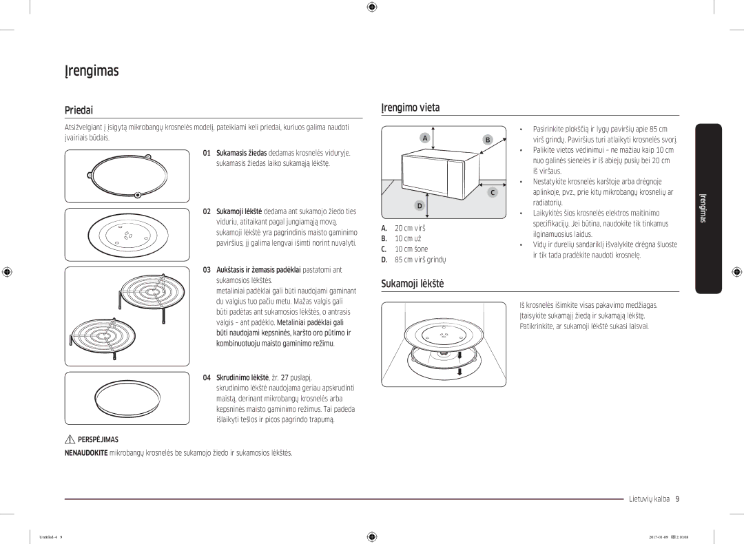 Samsung MC28M6055CK/BA manual Įrengimas, Priedai, Įrengimo vieta, Sukamoji lėkštė 