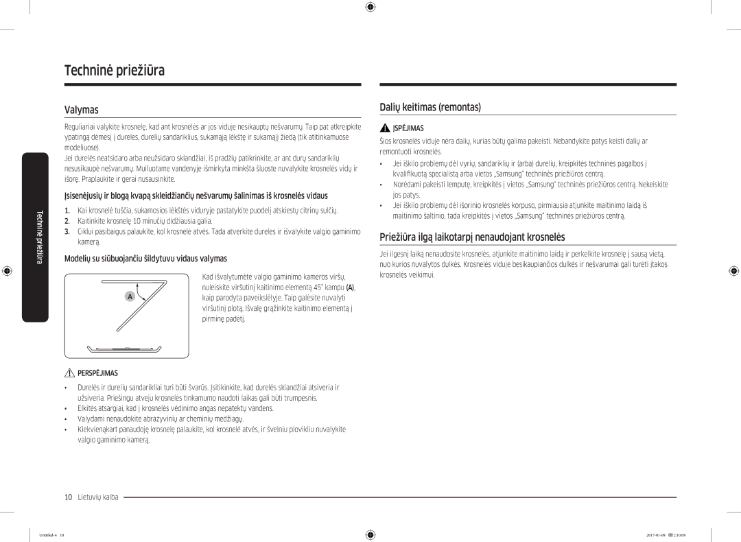 Samsung MC28M6055CK/BA manual Techninė priežiūra, Valymas, Dalių keitimas remontas 