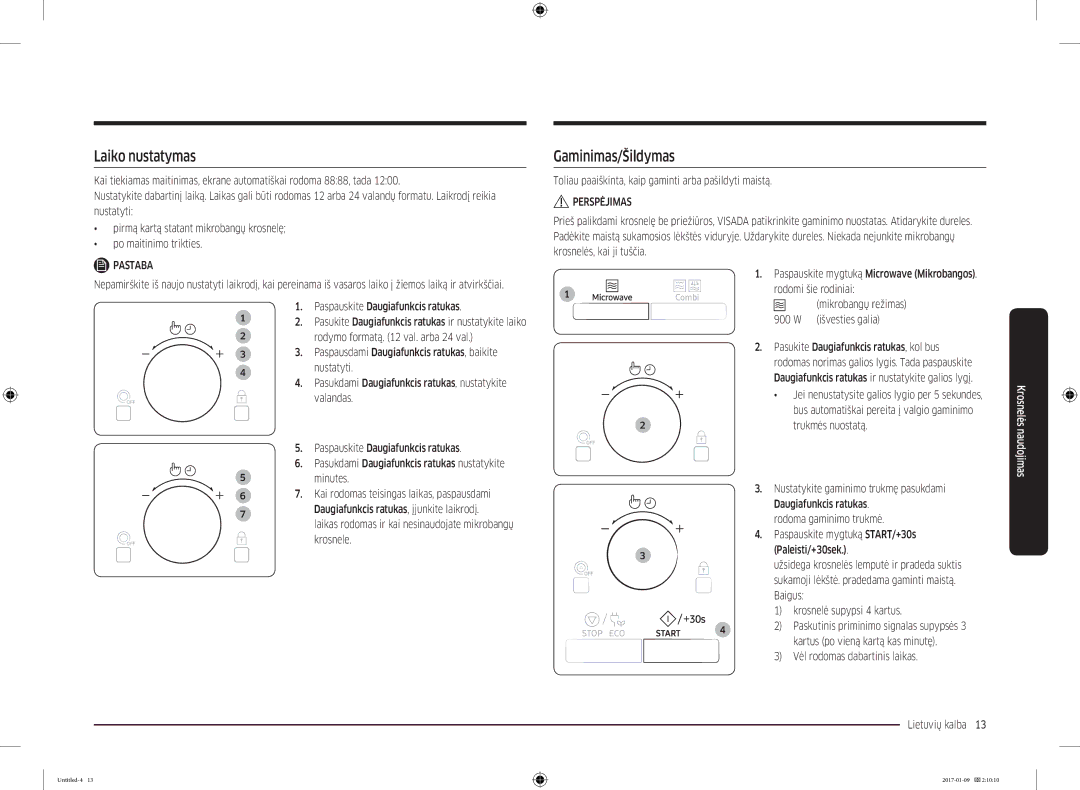 Samsung MC28M6055CK/BA manual Laiko nustatymas, Gaminimas/Šildymas, Toliau paaiškinta, kaip gaminti arba pašildyti maistą 