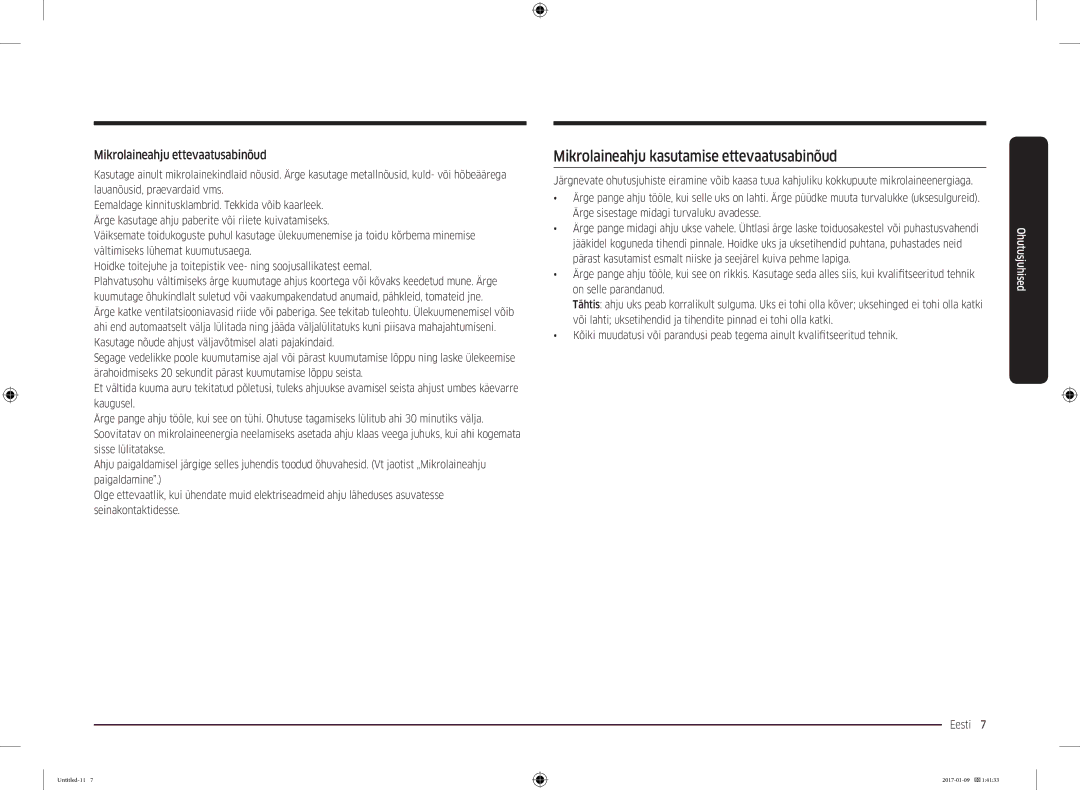 Samsung MC28M6055CK/BA manual Mikrolaineahju kasutamise ettevaatusabinõud, Mikrolaineahju ettevaatusabinõud 