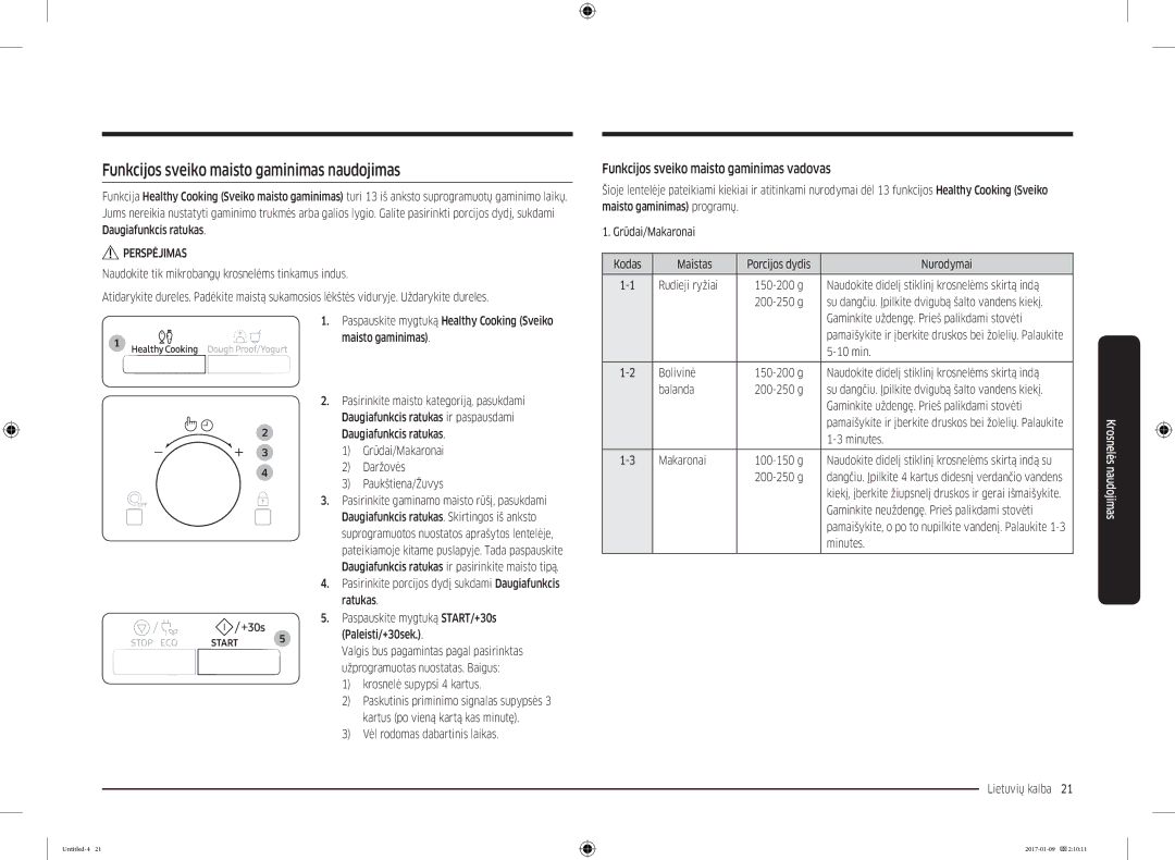 Samsung MC28M6055CK/BA manual Funkcijos sveiko maisto gaminimas naudojimas, Funkcijos sveiko maisto gaminimas vadovas 