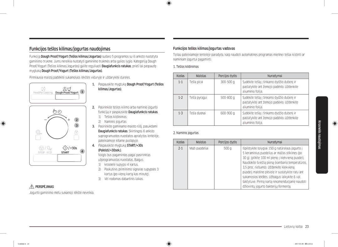 Samsung MC28M6055CK/BA manual Funkcijos tešlos kilimas/jogurtas naudojimas, Funkcijos tešlos kilimas/jogurtas vadovas 