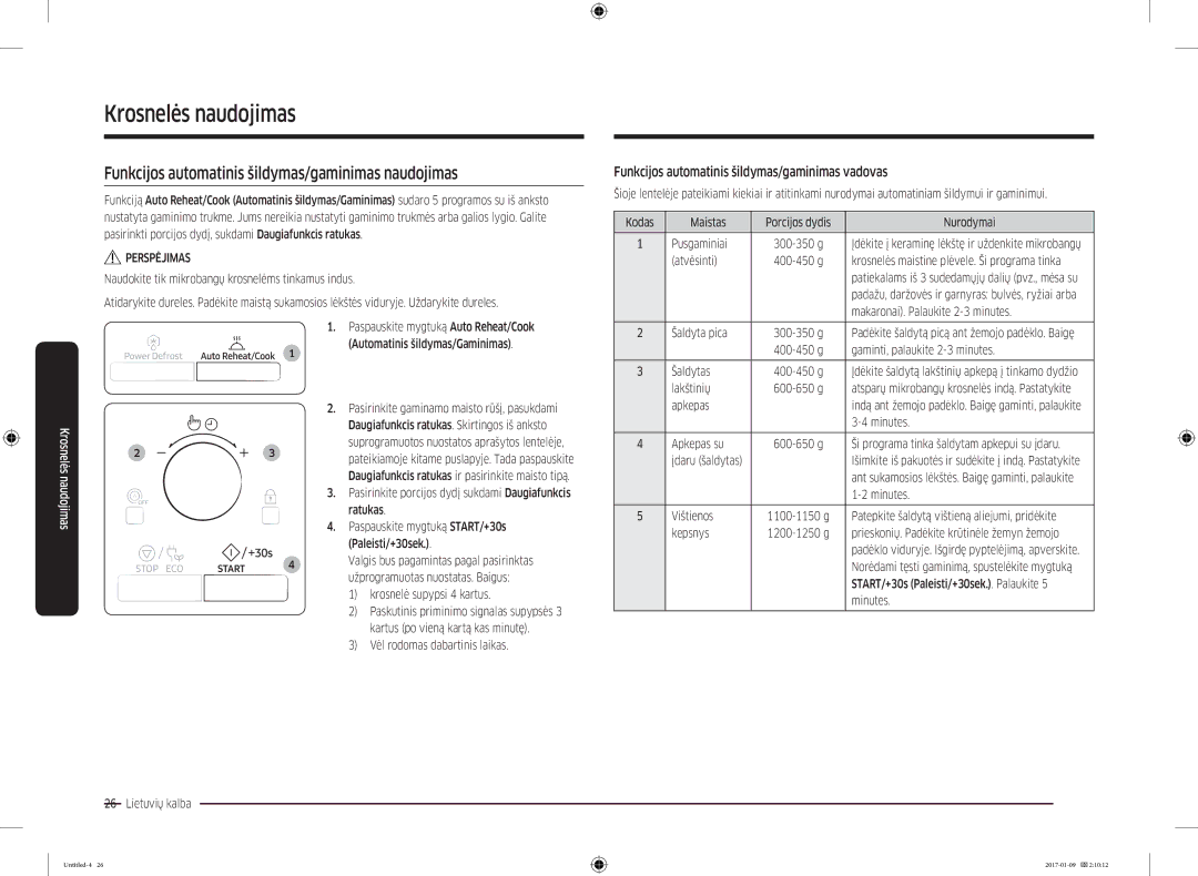 Samsung MC28M6055CK/BA manual Funkcijos automatinis šildymas/gaminimas naudojimas 