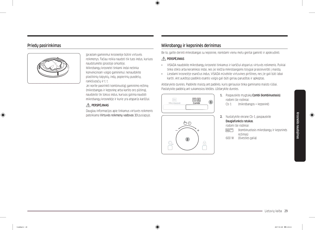 Samsung MC28M6055CK/BA manual Priedų pasirinkimas, Mikrobangų ir kepsninės derinimas, Režimas, 600 W išvesties galia 