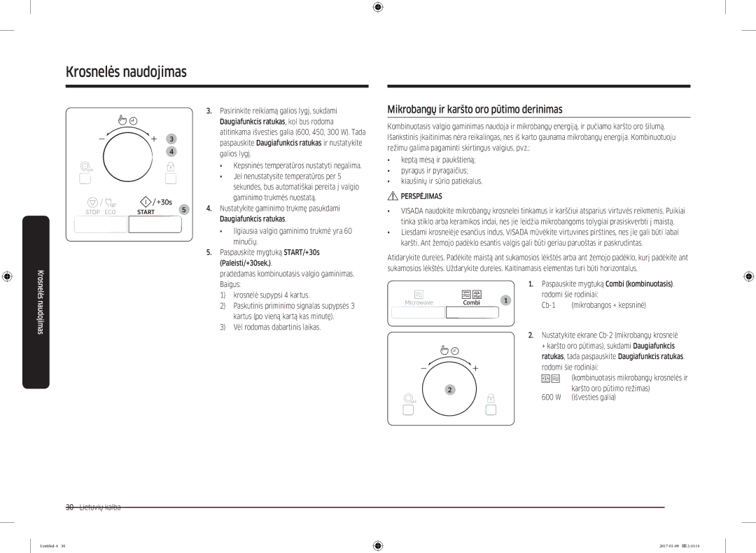 Samsung MC28M6055CK/BA manual Mikrobangų ir karšto oro pūtimo derinimas, Pasirinkite reikiamą galios lygį, sukdami 