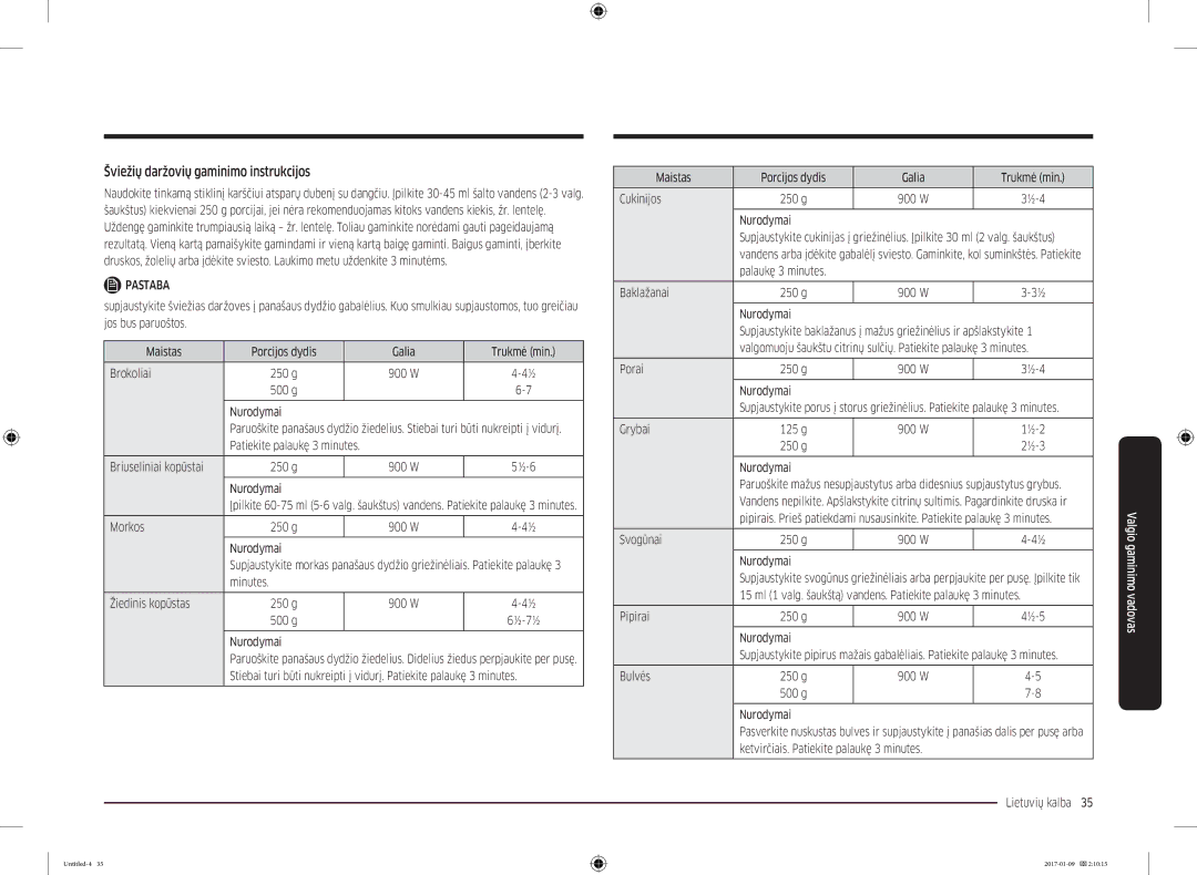 Samsung MC28M6055CK/BA manual Šviežių daržovių gaminimo instrukcijos 