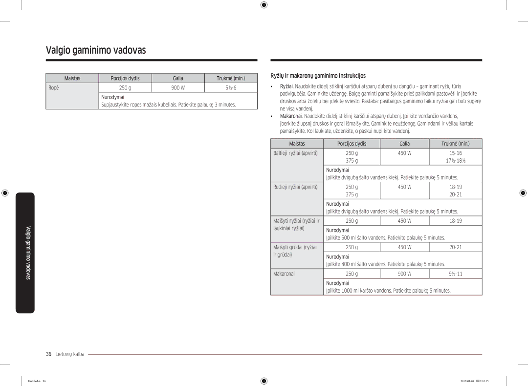 Samsung MC28M6055CK/BA manual Ryžių ir makaronų gaminimo instrukcijos, Maistas Porcijos dydis Galia Trukmė min Ropė, ½-6 