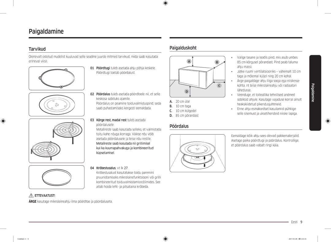 Samsung MC28M6055CK/BA manual Paigaldamine, Tarvikud, Paigalduskoht, Pöördalus 