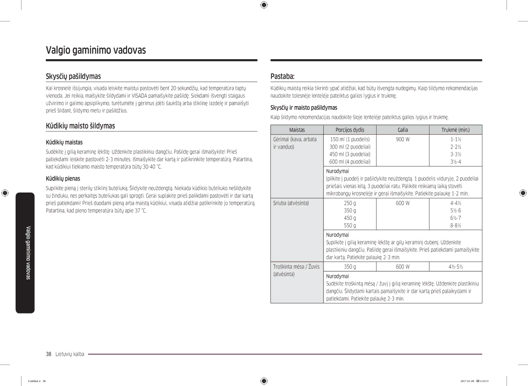 Samsung MC28M6055CK/BA manual Skysčių pašildymas, Kūdikių maisto šildymas, Pastaba 