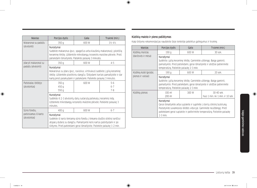 Samsung MC28M6055CK/BA manual Kūdikių maisto ir pieno pašildymas 