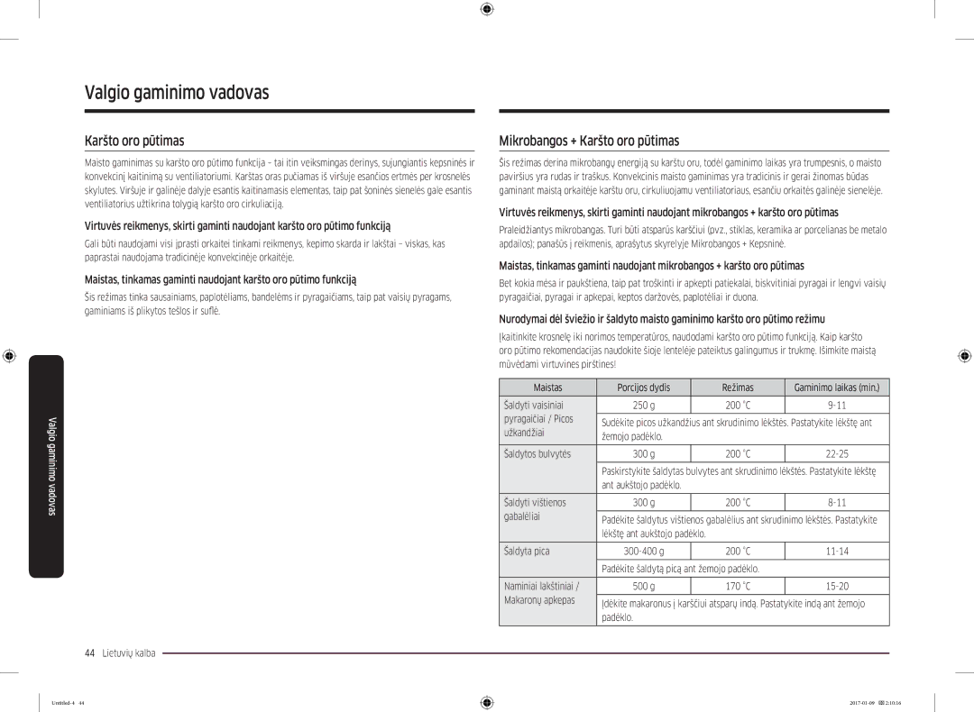 Samsung MC28M6055CK/BA manual Mikrobangos + Karšto oro pūtimas 