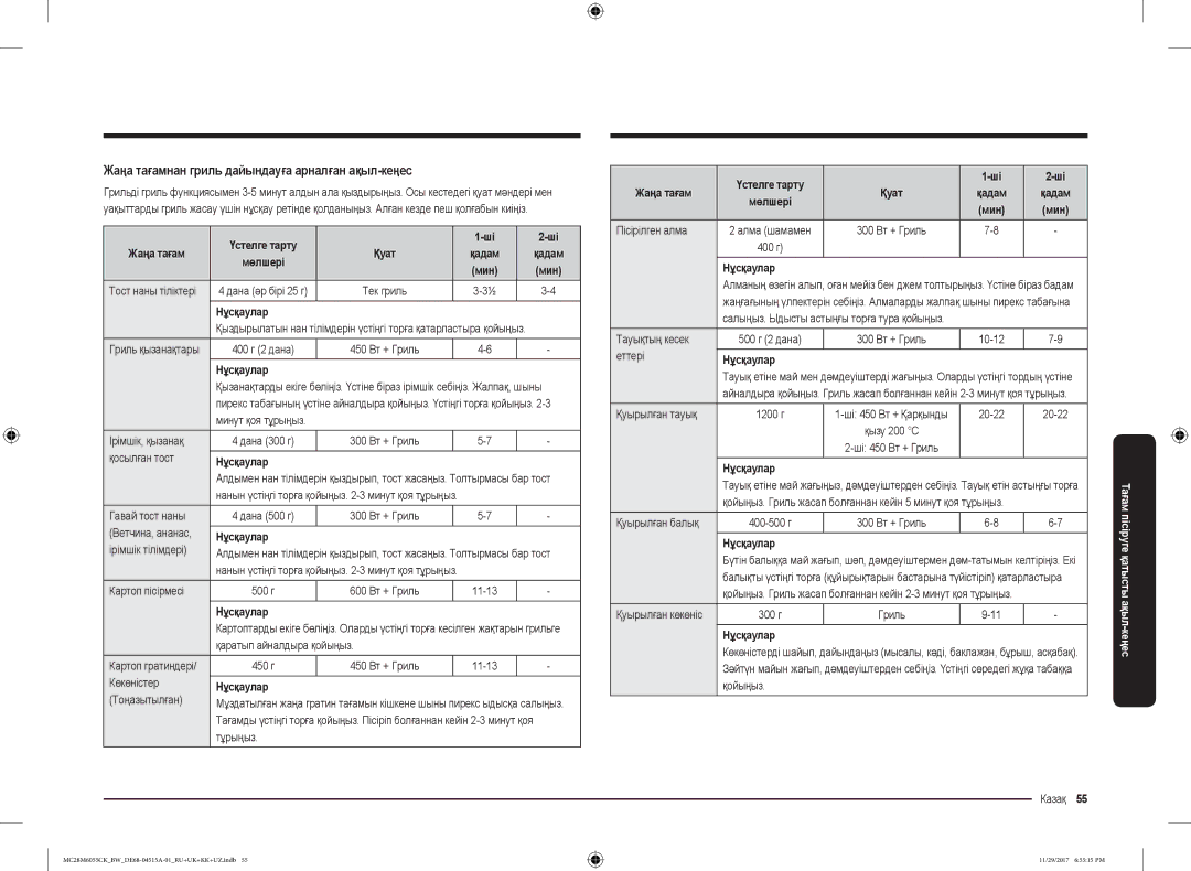 Samsung MC28M6055CK/BW manual Жаңа тағамнан гриль дайындауға арналған ақыл-кеңес, Үстелге тарту Жаңа тағам, Пісірілген алма 