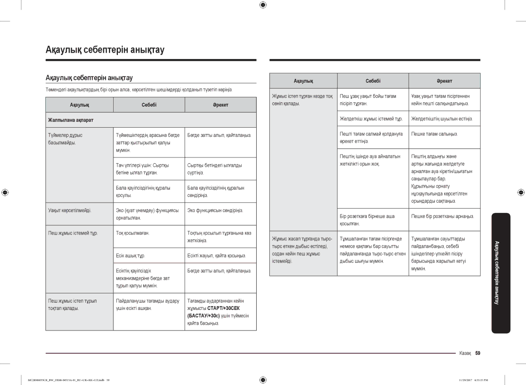 Samsung MC28M6055CK/BW manual Ақаулық себептерін анықтау, Ақаулық Себебі Әрекет Жалпылама ақпарат, Жұмысты СТАРТ/+30СЕК 