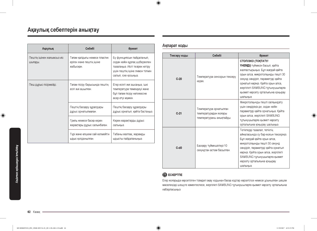 Samsung MC28M6055CK/BW manual Ақпарат коды, Тексеру коды Себебі Әрекет, СТОП/ЭКО Тоқтату 