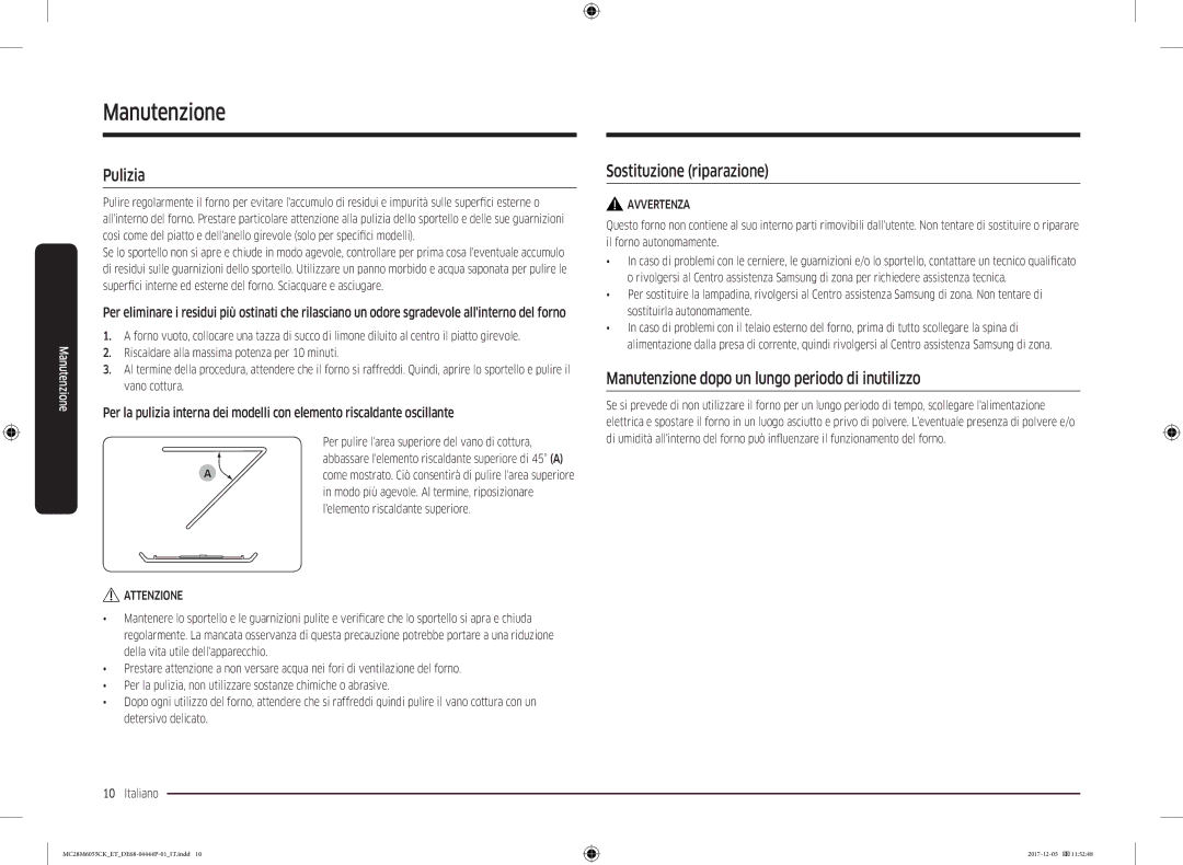 Samsung MC28M6055CK/ET manual Pulizia, Sostituzione riparazione, Manutenzione dopo un lungo periodo di inutilizzo 