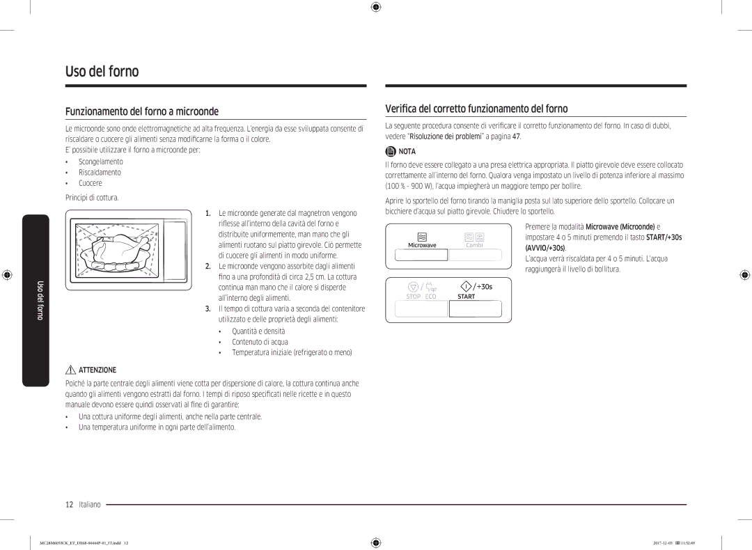 Samsung MC28M6055CK/ET Uso del forno, Funzionamento del forno a microonde, Verifica del corretto funzionamento del forno 