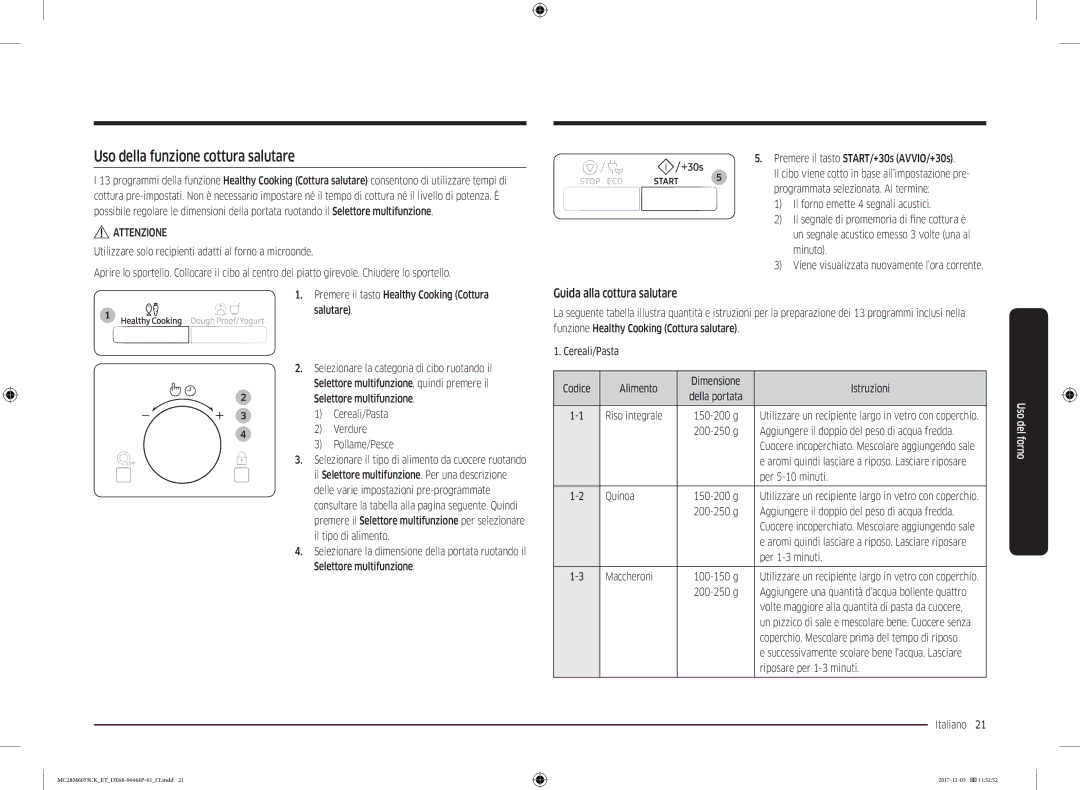 Samsung MC28M6055CK/ET manual Uso della funzione cottura salutare, Guida alla cottura salutare 