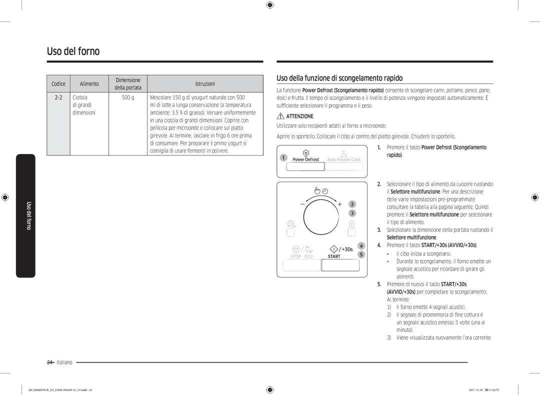 Samsung MC28M6055CK/ET manual Uso della funzione di scongelamento rapido 