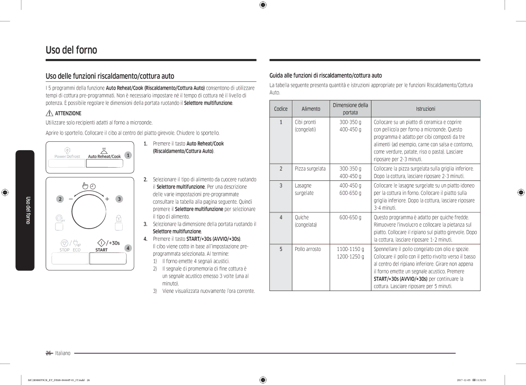 Samsung MC28M6055CK/ET Uso delle funzioni riscaldamento/cottura auto, Guida alle funzioni di riscaldamento/cottura auto 