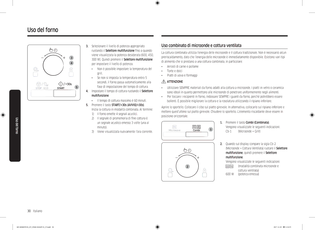 Samsung MC28M6055CK/ET manual Uso combinato di microonde e cottura ventilata, Selezionare il livello di potenza appropriato 