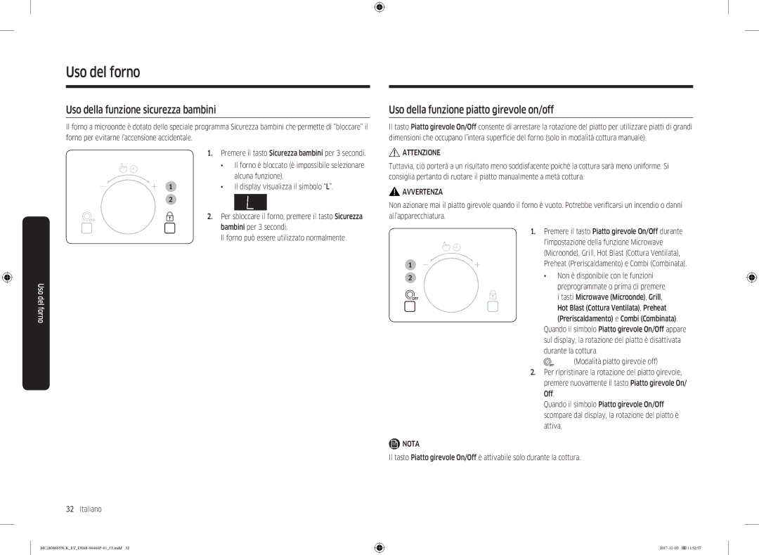 Samsung MC28M6055CK/ET manual Uso della funzione sicurezza bambini, Uso della funzione piatto girevole on/off 