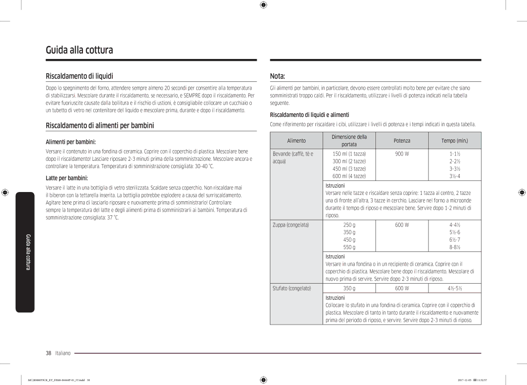 Samsung MC28M6055CK/ET manual Riscaldamento di liquidi, Riscaldamento di alimenti per bambini, Nota 