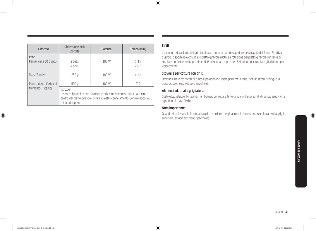 Samsung MC28M6055CK/ET manual Grill, Stoviglie per cottura con grill, Alimenti adatti alla grigliatura, Nota importante 